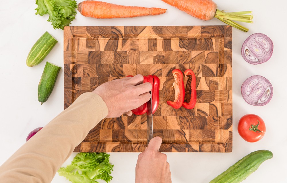 Rectangular End Grain Teak Wood Cutting Board with Juice Groove and Hand Grip