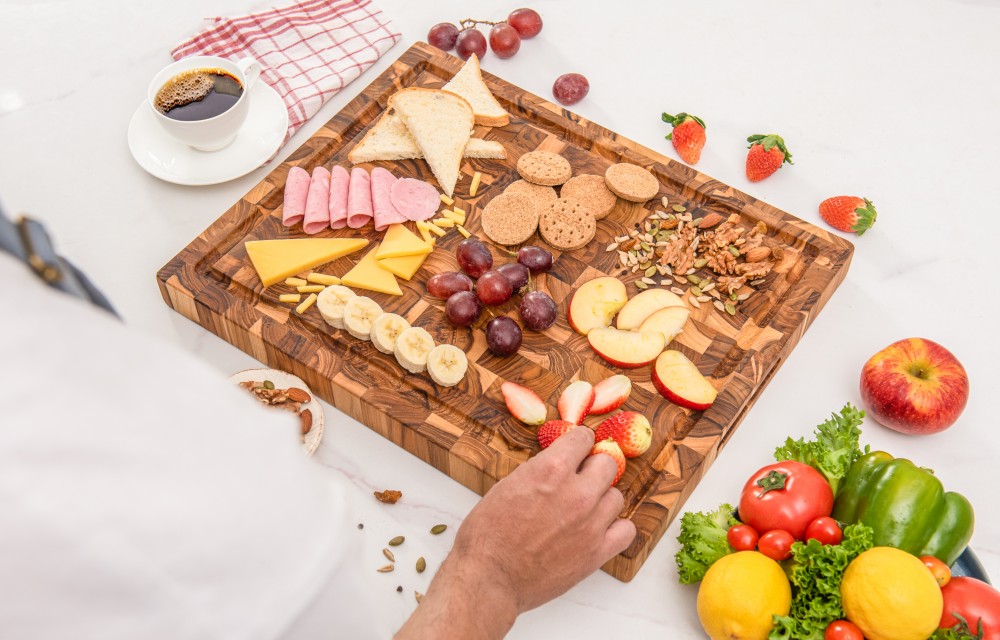 Rectangular End Grain Teak Wood Cutting Board with Juice Groove and Hand Grip