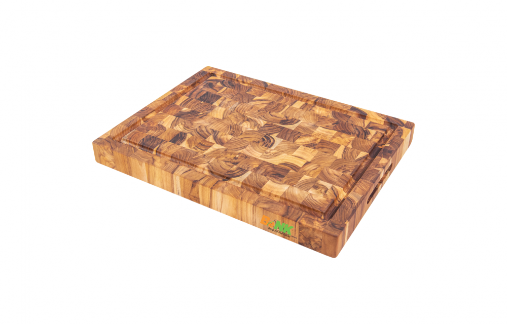 Rectangular End Grain Teak Wood Cutting Board with Juice Groove and Hand Grip