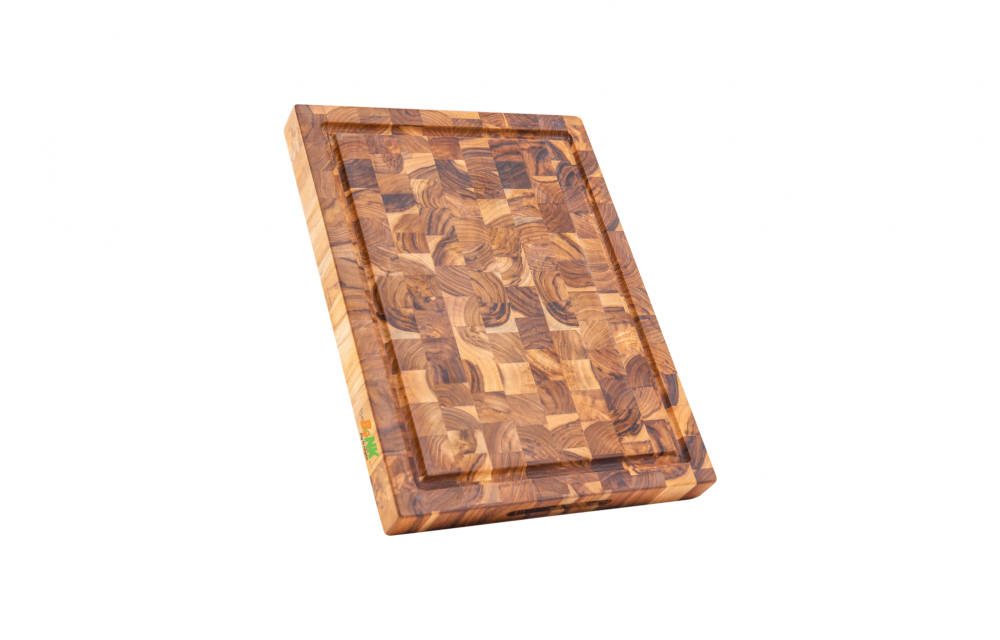 Rectangular End Grain Teak Wood Cutting Board with Juice Groove and Hand Grip